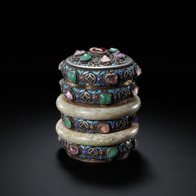 Chinese Qing Dynasty Tibetan Silver Inlaid Gemstones and Hetian Jade Covered Jar