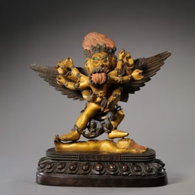 A Chinese bronze partially gilded six-character Buddha statue from the Qianlong period of the Qing