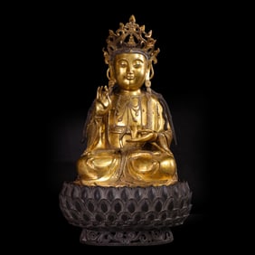 Chinese Ming Dynasty Gilded Bronze Seated Guanyin