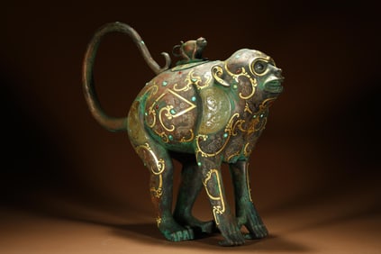 Chinese Warring States Period Gold and Silver Inlaid Jade Monkey