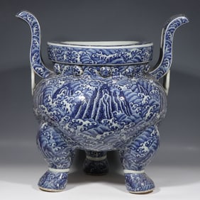 Chinese Ming Dynasty Blue and White Landscape Pattern Double-Handled Tripod Censer