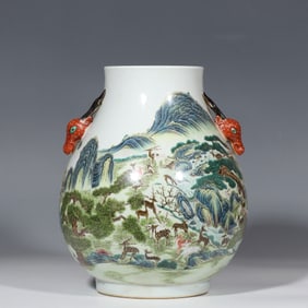 Chinese Qing Dynasty Qianlong period pink enamel deer pattern double handle vase