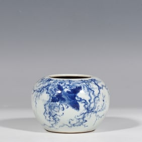 Blue and white flower and bird pattern water jar by Wang Bu, a 20th century Chinese art master