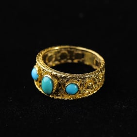 Italian turquoise hollow carved gold ring
