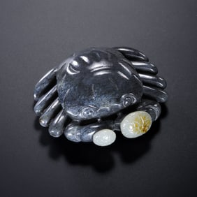 Chinese Qing Dynasty Hetian Jade Blue and White Crab Ornament
