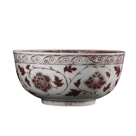 Chinese underglaze red bowl with coiled flower pattern, late Yuan and early Ming