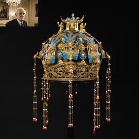 A Chinese gilded, gem-inlaid, and kingfisher-embellished phoenix crown from the Qianlong period of