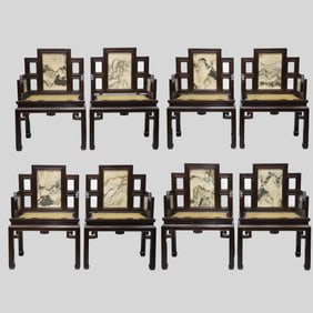 A set of Chinese Qing Dynasty Huanghuali wood inlaid marble armchairs