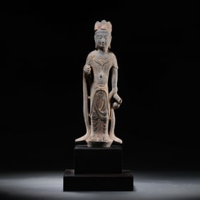 Chinese Northern Wei Dynasty Bluestone Painted Standing Buddha