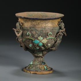 Chinese Han Dynasty Pure Silver Inlaid Turquoise Feitian High-footed Cup