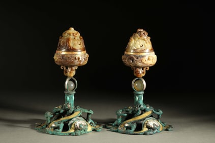 A pair of Chinese Warring States Period inlaid gold, silver and jade incense burners