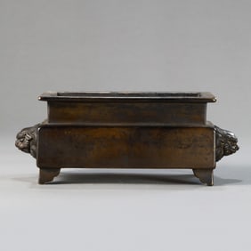 China Ming Xuande period copper furnace with two auspicious beasts