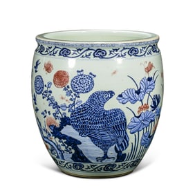 Chinese Qing Dynasty Blue and White Underglaze Red Flower and Bird Pattern Vase