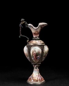Austria-Hungary, Vienna, silver-mounted, hand-painted enamel wine vessel
