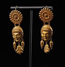 Ancient Roman period, goddess gold earrings with pearl relief