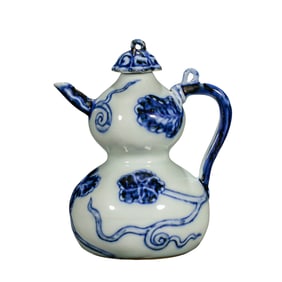 Chinese Yuan Dynasty Blue and White Gourd Ewer