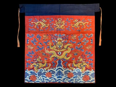Chinese Qing Dynasty Red satin table curtain with gold embroidered dragon pattern