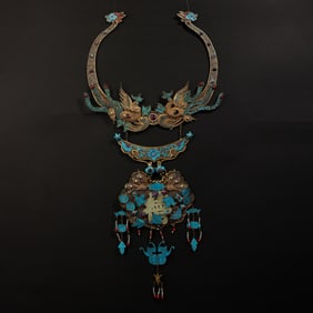Chinese Qing Dynasty Silver Gilded Jade and Gemstone Necklace