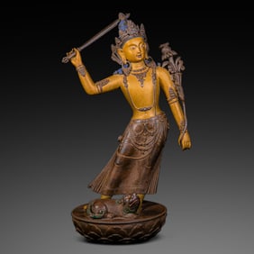 Silver-cast and gilded Manjusri Bodhisattva statue in the style of Zanabazar, Mongolia, China, Ming