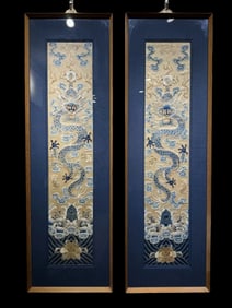 Chinese Qing Dynasty Yellow Satin Embroidered Frame with Two Dragons Playing with Pearls