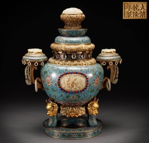 Chinese Qing Dynasty Qianlong period cloisonné enamel inlaid jade double handle auspicious animal