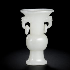 Chinese Qing Dynasty Hetian white jade double-ringed flower vase