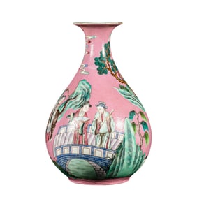 Chinese Qing Dynasty Tongzhi Period Famille Rose Figure Story Pattern Jade Huchun Vase