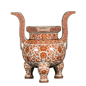 Alum-red flower-patterned double-handled tripod censer from the Daoguang period of the Qing Dynasty,