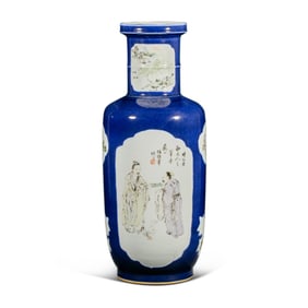 Chinese Qing Dynasty blue glaze window-shaped vase with story patterns
