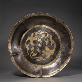 Chinese Liao Dynasty Silver Gilded Double Dragon Pattern Flower Mouth Basin