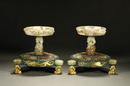 A pair of Chinese Warring States Period gold, silver and jade inlaid lamps
