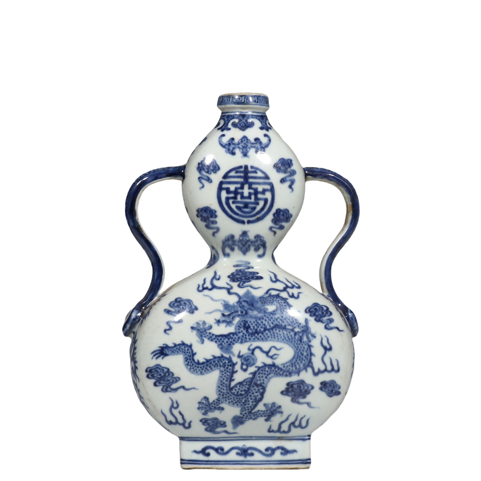Chinese Qing Dynasty Qianlong period blue and white dragon pattern gourd bottle: H. 25.6 cm. W. 15 cm.