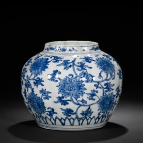 Chinese Qing Dynasty Blue and White Flower Pattern Jar