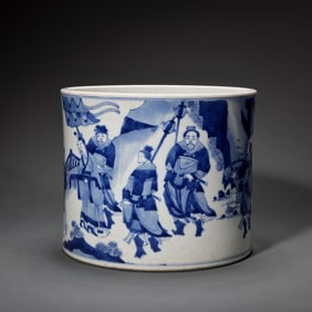 Chinese Qing Dynasty Blue and White Character Story Brush Holder