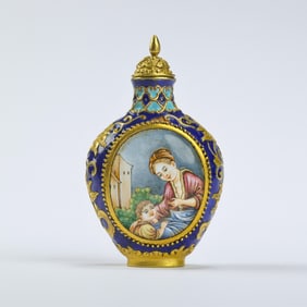 Gold-framed snuff bottle with Western figures, Qianlong period, Qing Dynasty, China