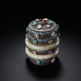 Chinese Qing Dynasty Tibetan Silver Inlaid Gemstone and Jade Covered Jar