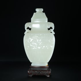 Chinese Qing Dynasty Hetian white jade animal face pattern double ring ear cover bottle