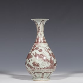Chinese Yuan Dynasty Underglaze Red Fish and Algae Pattern Jade Huchun Vase