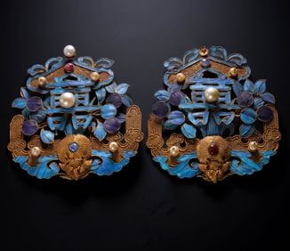 A pair of Chinese gold and gemstone blue hair ornaments