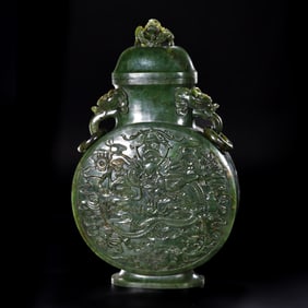 Chinese Qing Dynasty Hetian Jade Dragon Pattern Double-ring Ear Cover Vase