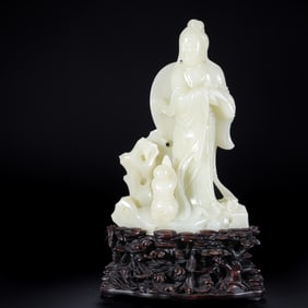 Chinese Qing Dynasty Hotan White Jade Standing Guanyin
