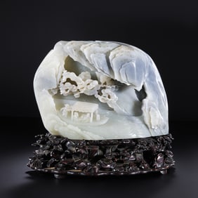 A Chinese Qing Dynasty Hetian Jade Blue and White Carved Mountain Shape Ornament