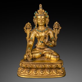 A Chinese Ming Dynasty Gilt Bronze and Turquoise Seated Buddha