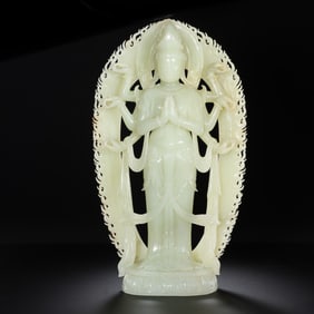 Chinese Qing Dynasty Hotan White Jade Standing Guanyin