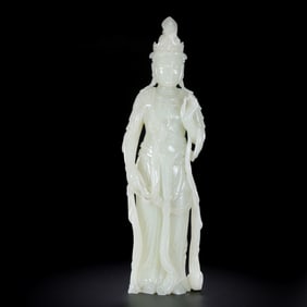 Chinese Qing Dynasty Hotan White Jade Standing Guanyin