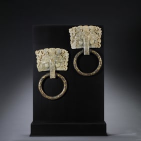 A pair of Chinese Han Dynasty gold, silver and jade door knockers