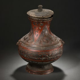 Chinese Han Dynasty wooden painted covered bottle