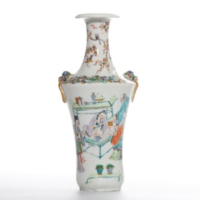 Chinese Qing Dynasty Five-color Double-ear Long-necked Vase