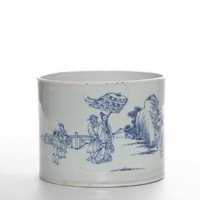 Chinese Qing Dynasty Blue and White Character Story Brush Holder