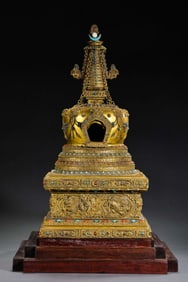 Chinese Qing Dynasty Gilded Bronze Pagoda with Gemstones